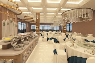 design realistic 3d wedding decor design, event hall, exterior and interior