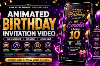 design animated birthday invitation video for whatsapp and social media