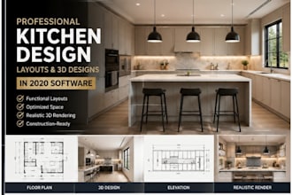 create kitchen cabinet layout and realistic 3d design for remodeling project