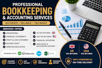 do bookkeeping,financial statements,profit loss,balance sheet,UK,USA tax returns