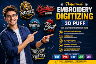 do professional embroidery digitizing logo into 3d puff to dst pes file fast