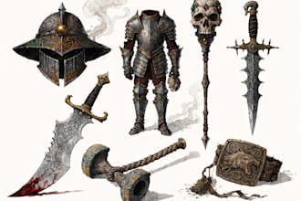 draw any medieval fantasy weapons, armors and items art