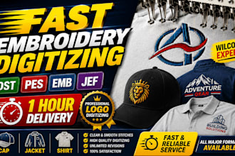 digitize logo into embroidery file dst pes emb jef for cap