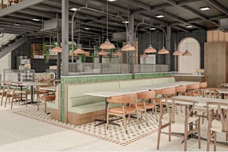 revamp commercial dining interior, industrial restaurant design, cgi cafe render