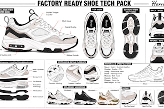 do shoe tech pack, sneakers, sandals, high heels, casual shoes for manufacturing