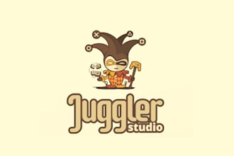 design funny logo video game developer harlequin character