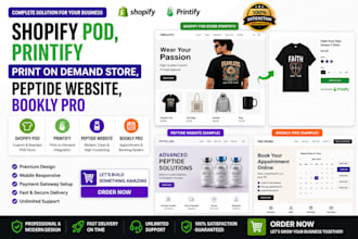 setup shopify pod, printify print on demand store, peptide website, bookly pro
