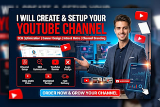 create, setup youtube channel with logo, art, intro, outro, SEO