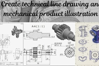 create technical line drawing and mechanical product illustration