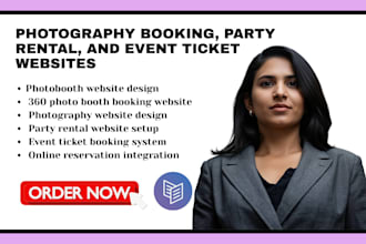 design photobooth website, 360 photography booking, party rental, event ticket