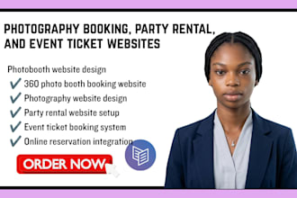 design photobooth website, 360 photography booking, party rental, event ticket