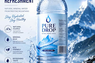 do premium water bottle label design with 3d mockup