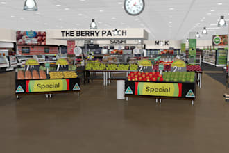 render photorealistic 3d retail stores, supermarket shops, interior