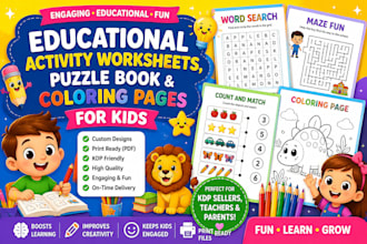 design educational activity worksheet, puzzle book and coloring page for kids