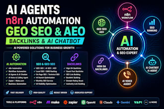 build ai agents, n8n automation, GEO SEO, aeo, backlinks and ai chatbot