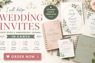 design wedding invites, wedding guest book, and anniversary journal in canva