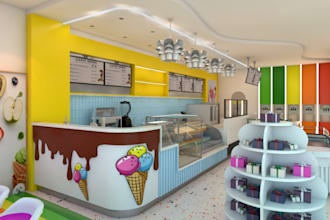 create photorealistic 3d ice cream shop, coffee shop, café and restaurant design