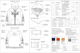 create fashion hoodie tech pack design, apparel design, flat sketch tech pack