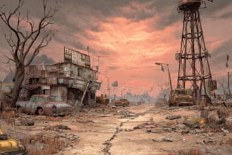 create a detailed post apocalyptic scene for games