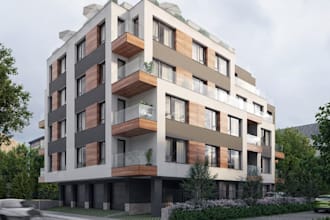 remodel modern apartment building, wood panel exterior, estate condo tower plan