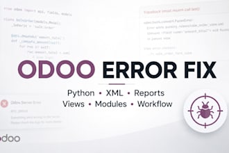 fix odoo errors, bugs, views, reports, and module issues