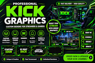 design unique twitch overlay kick overlay stream overlay custom logo, banner