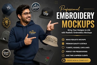 create realistic embroidery mockups for tshirts, hoodies, caps and hats