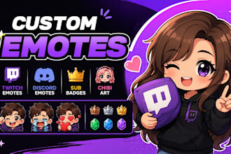 design animated emotes, twitch sub badges, discord emotes and chibi illustration