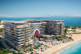 design architecture island hotel, beachfront landscape,residential units rooftop