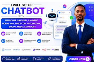 setup chatbot with manychat, landbot, uchat, n8n, make com automation