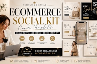 design ecommerce social kit canva templates, promo posts ads designs