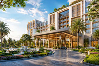 render hotel exterior facade rooftop pool landscape design