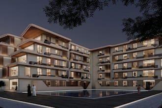 scaffold 3d residential complex,nexus tower,exterior design, private pool render