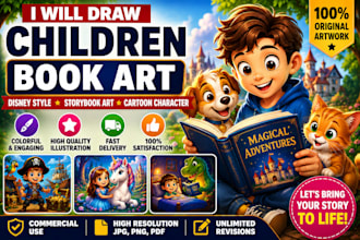 draw children book art and disney style cartoon character illustration