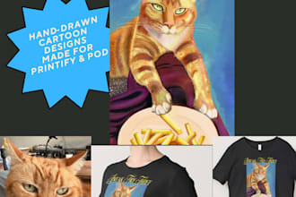 create hand drawn cartoon tshirt designs for printify and pod