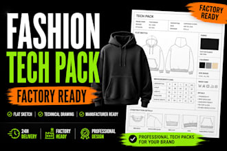 design fashion tech pack, clothing techpack and technical flat sketch