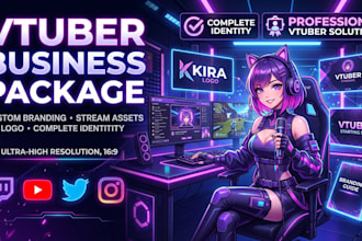 design vtuber brand package, vtuber character logo, overlay, for streamers