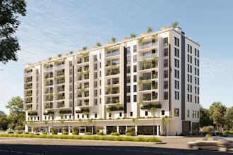 redesign 3d modern officer apartment, minimalist facade,cgi urban landscape