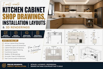 create kitchen cabinet shop drawings, installation layouts and 3d rendering