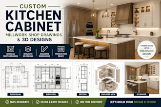 create custom kitchen cabinet milwork shop drawing and 3d design, mozaik