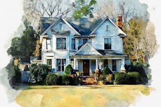 create a custom watercolor home, house illustration