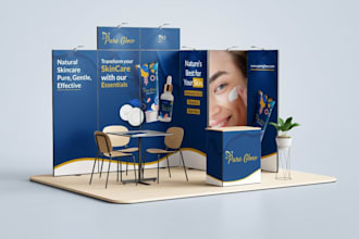 design 3d trade show booth, exhibition stand, event backdrop, kiosk, and banners