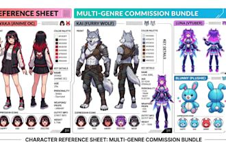 create oc character vtuber furry pngtuber and anime plushie reference sheets
