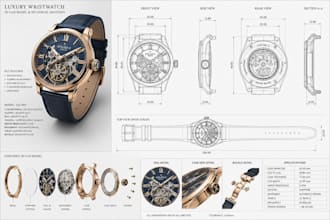 create luxury wristwatch 3d cad models, technical sketches