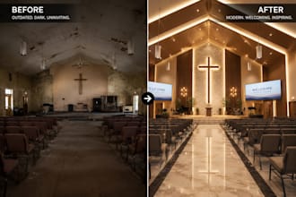 design church interior and exterior renovation with realistic 3d rendering