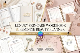 design luxury skincare workbook and feminine beauty planner in canva