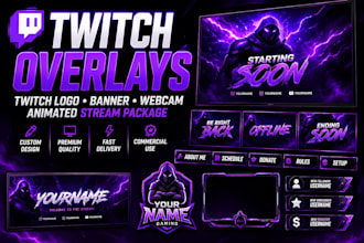 do twitch overlays, twitch logo, banner, webcam and animated stream package