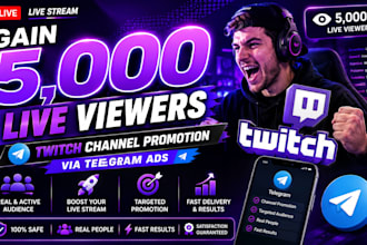 gain 5,000 live viewers, twitch channel promotion via telegram ads live stream