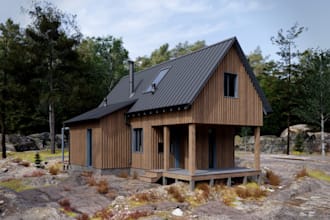 update cabin exterior,cottage house design,hillside,floor plan,farm house render