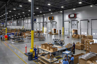 design 3d industrial warehouse, storage center, workflow area, warehouse layout,